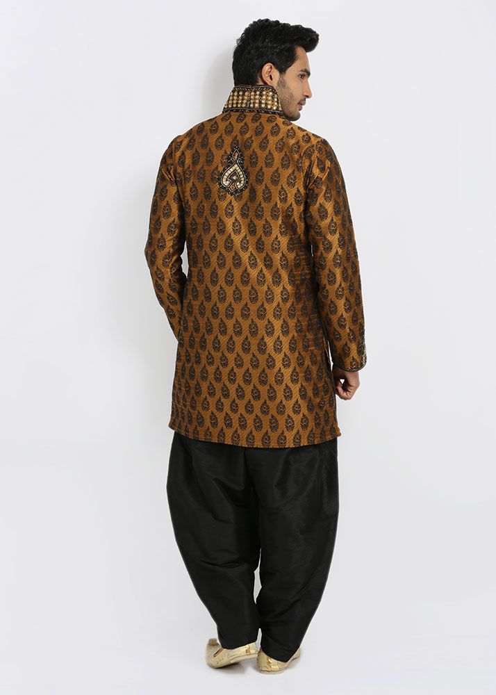 Mens brown color silk brocade kurta set with bottom EKL4002