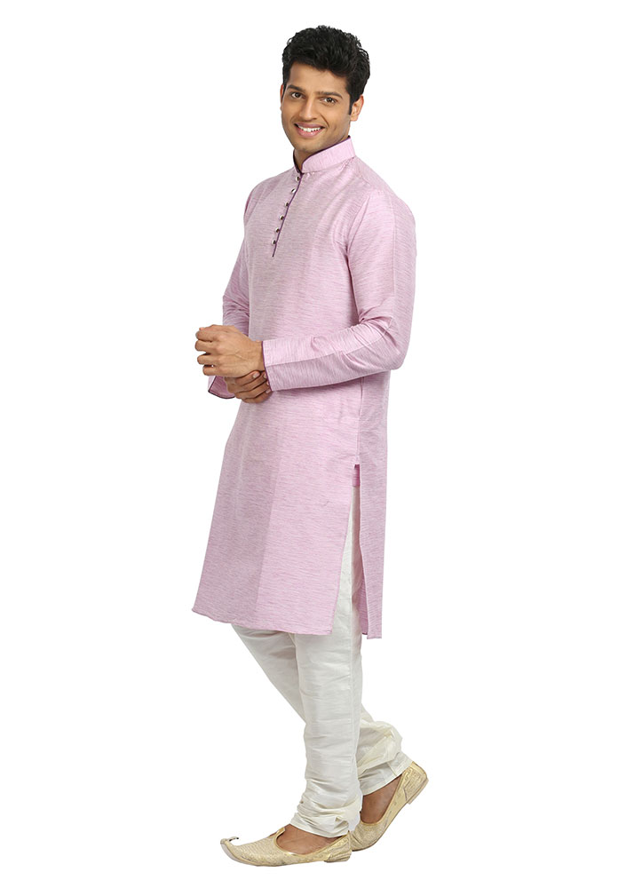 Mens light pink cotton silk Kurta Set EK4076